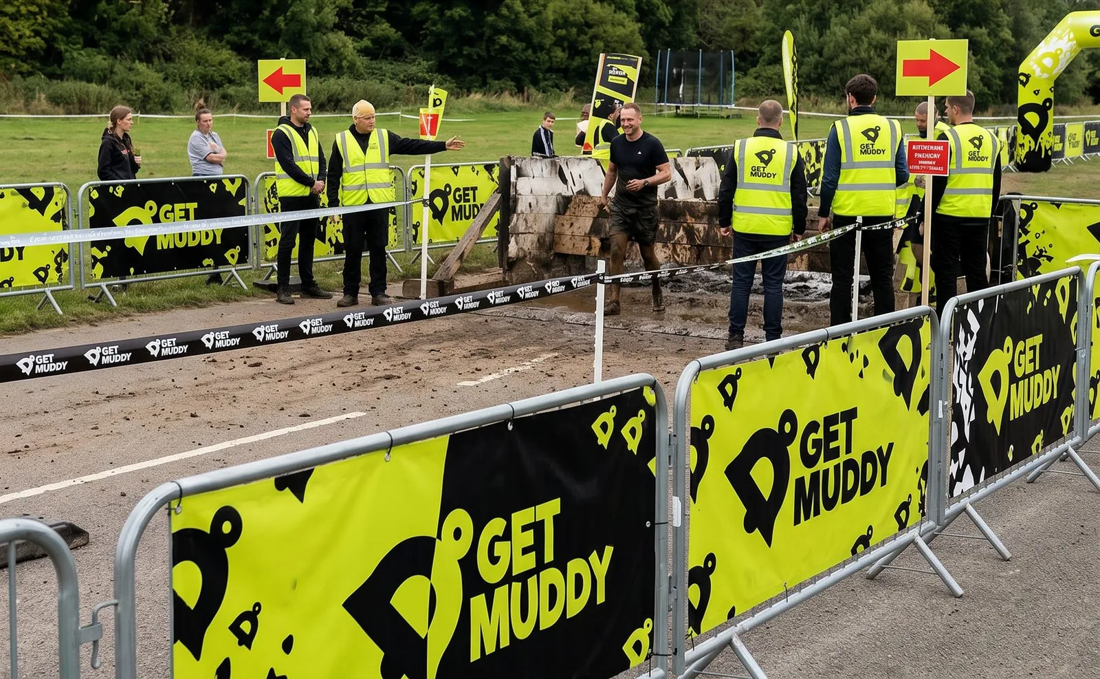 Zona de start Get Muddy, cu bannere și voluntari